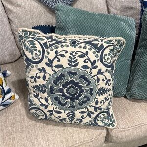 Floral Embroidered Throw Pillow - Blue and Cream